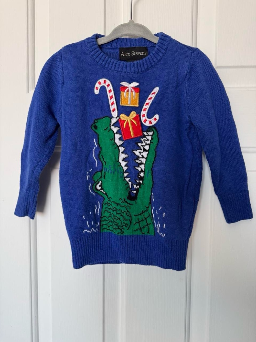 Alex Stevens Blue Crocodile Holiday Sweater with Candy Canes & Presents